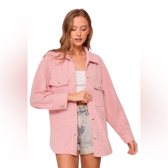 Shacket Collared Button Up Long Sleeve Reddish/ Pink with Cream stripe Shacket - Picture 6 of 6